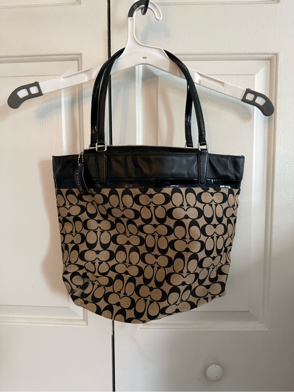 Coach Tan and Black Signature Canvas Tote